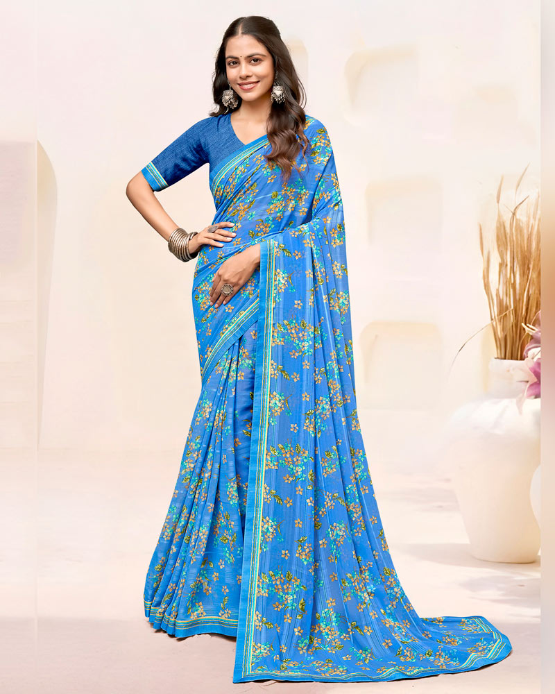 Vishal Prints Dark Sky Blue Printed Patterned Chiffon Saree With Fancy Border