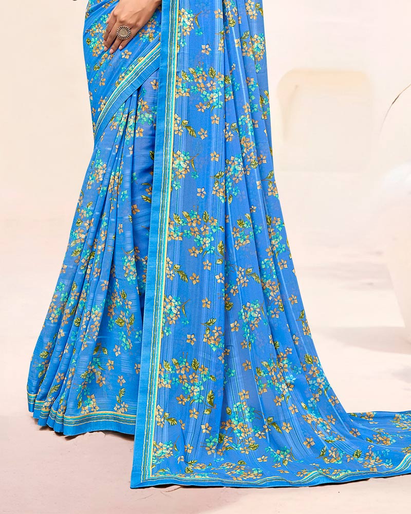 Vishal Prints Dark Sky Blue Printed Patterned Chiffon Saree With Fancy Border