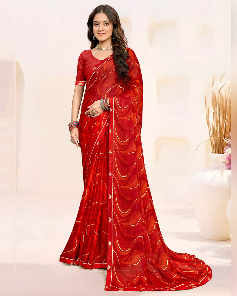 Vishal Prints Milano Red Printed Patterned Chiffon Saree With Fancy Border