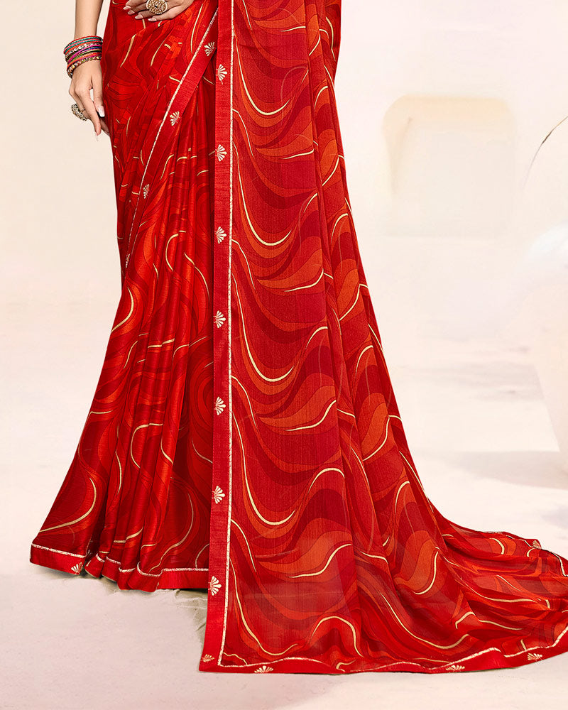 Vishal Prints Milano Red Printed Patterned Chiffon Saree With Fancy Border