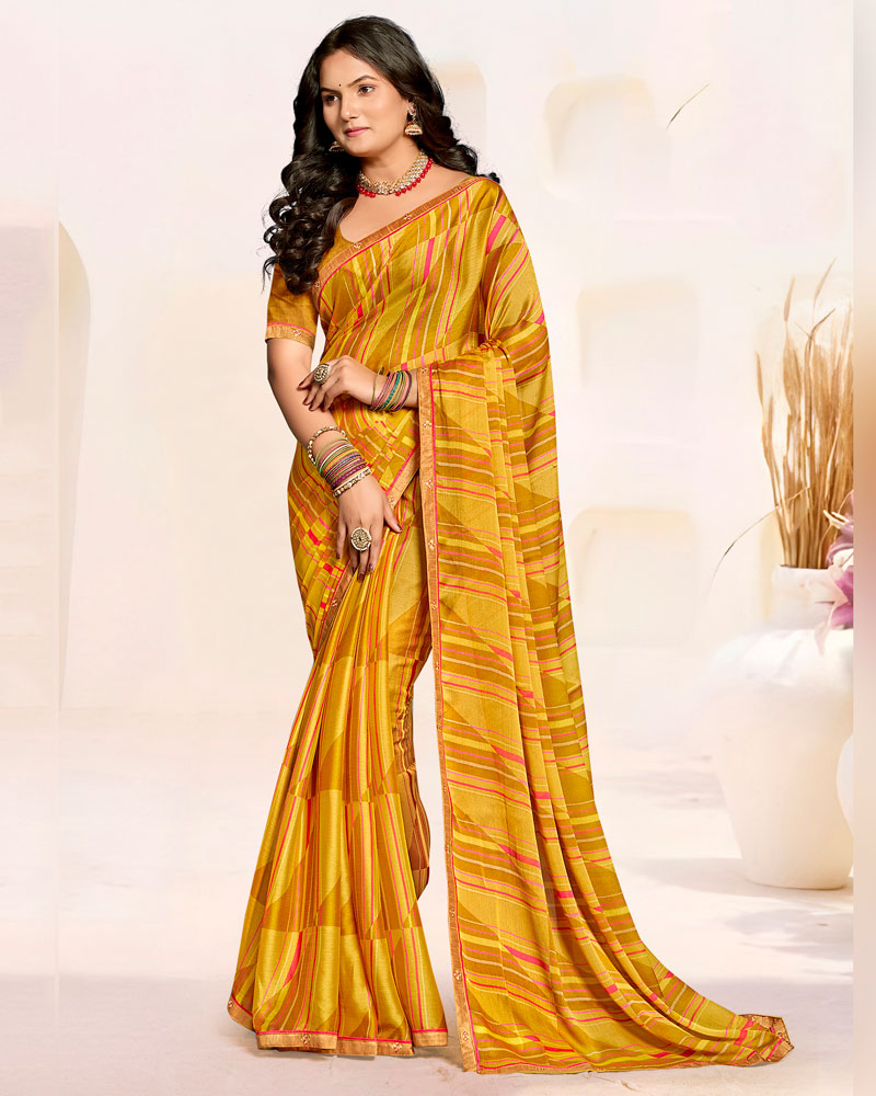 Vishal Prints Yellow Ochre Printed Patterned Chiffon Saree With Fancy Border