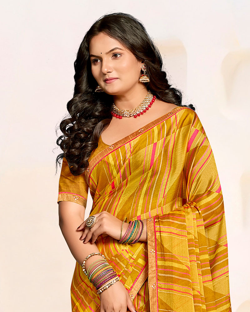 Vishal Prints Yellow Ochre Printed Patterned Chiffon Saree With Fancy Border