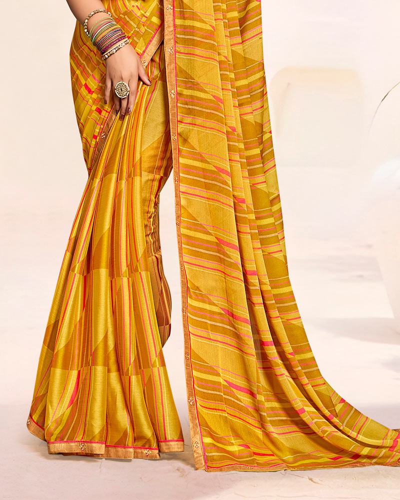 Vishal Prints Yellow Ochre Printed Patterned Chiffon Saree With Fancy Border
