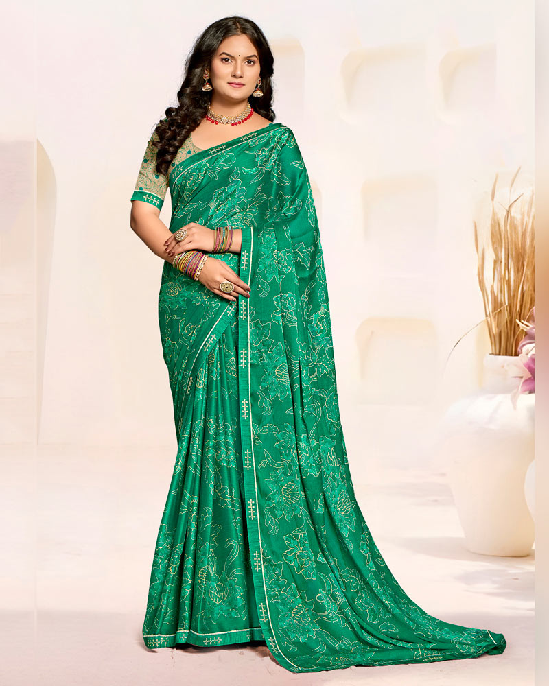 Vishal Prints Pine Green Printed Patterned Chiffon Saree With Fancy Border