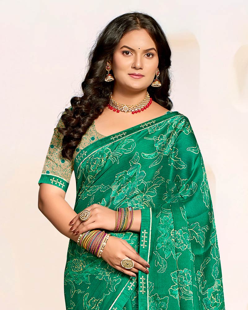 Vishal Prints Pine Green Printed Patterned Chiffon Saree With Fancy Border