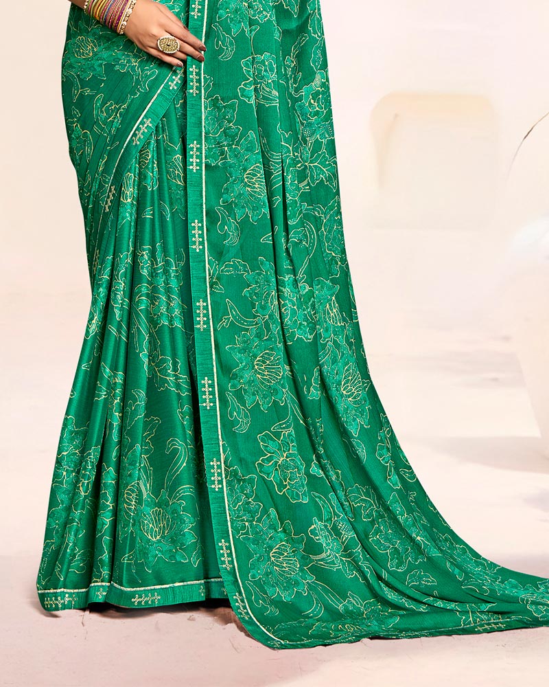 Vishal Prints Pine Green Printed Patterned Chiffon Saree With Fancy Border