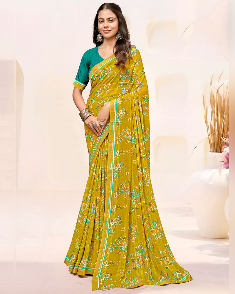 Vishal Prints Ochre Printed Patterned Chiffon Saree With Fancy Border