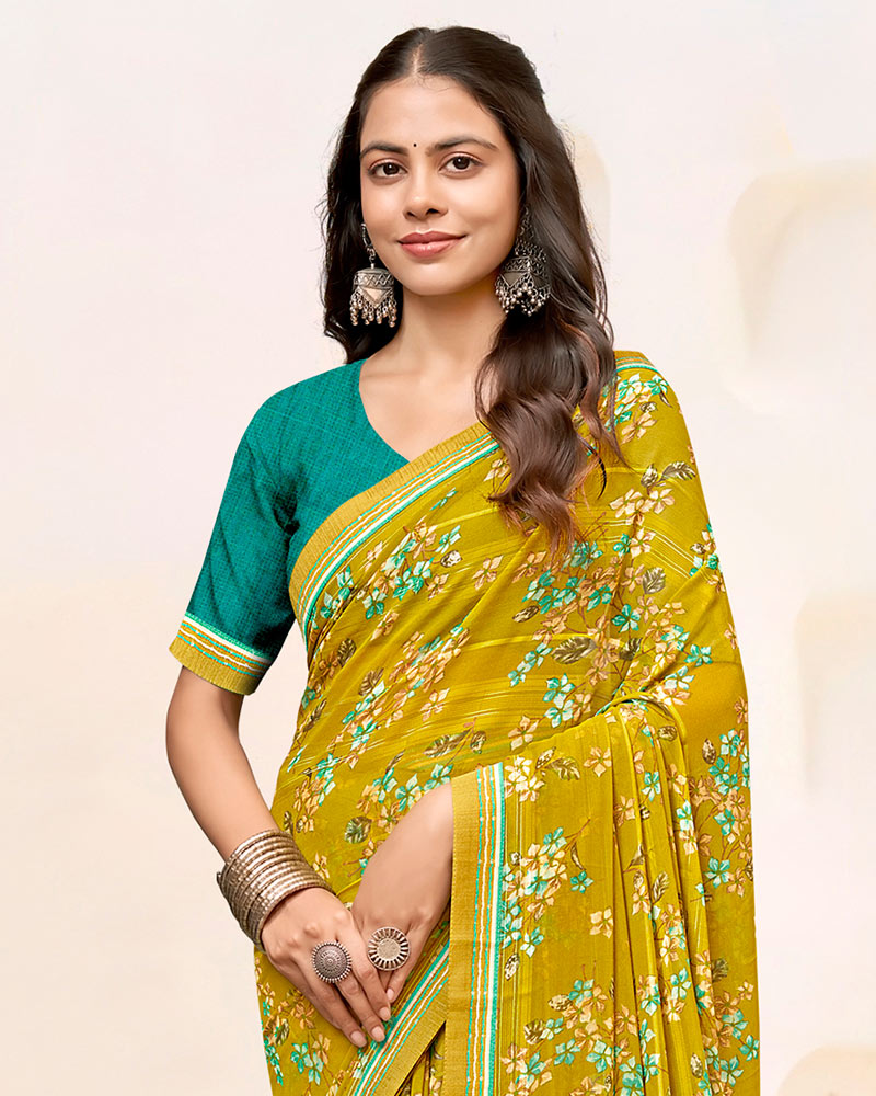Vishal Prints Ochre Printed Patterned Chiffon Saree With Fancy Border