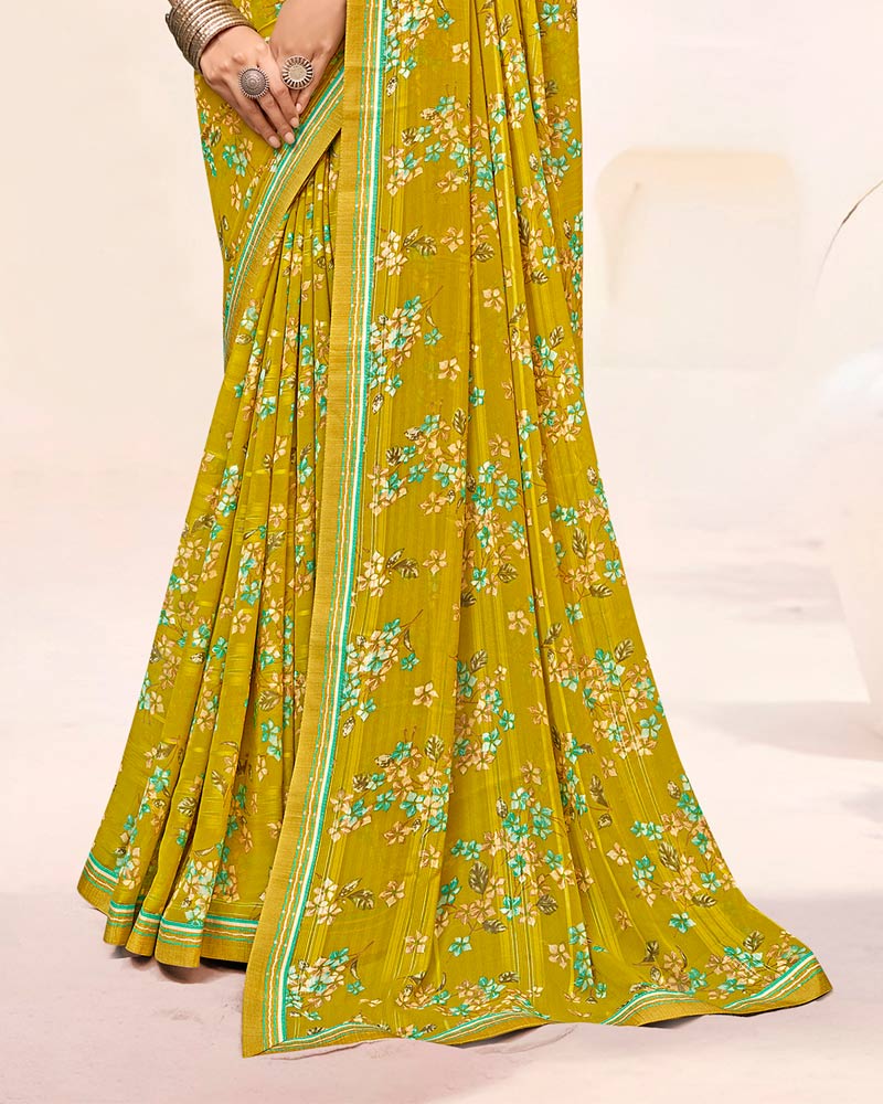 Vishal Prints Ochre Printed Patterned Chiffon Saree With Fancy Border