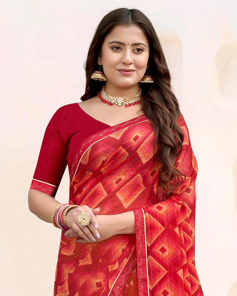 Vishal Prints Lava Red Printed Patterned Chiffon Saree With Fancy Border