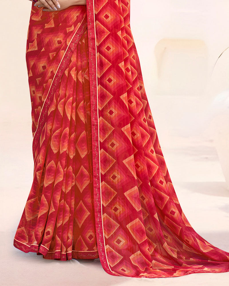Vishal Prints Lava Red Printed Patterned Chiffon Saree With Fancy Border