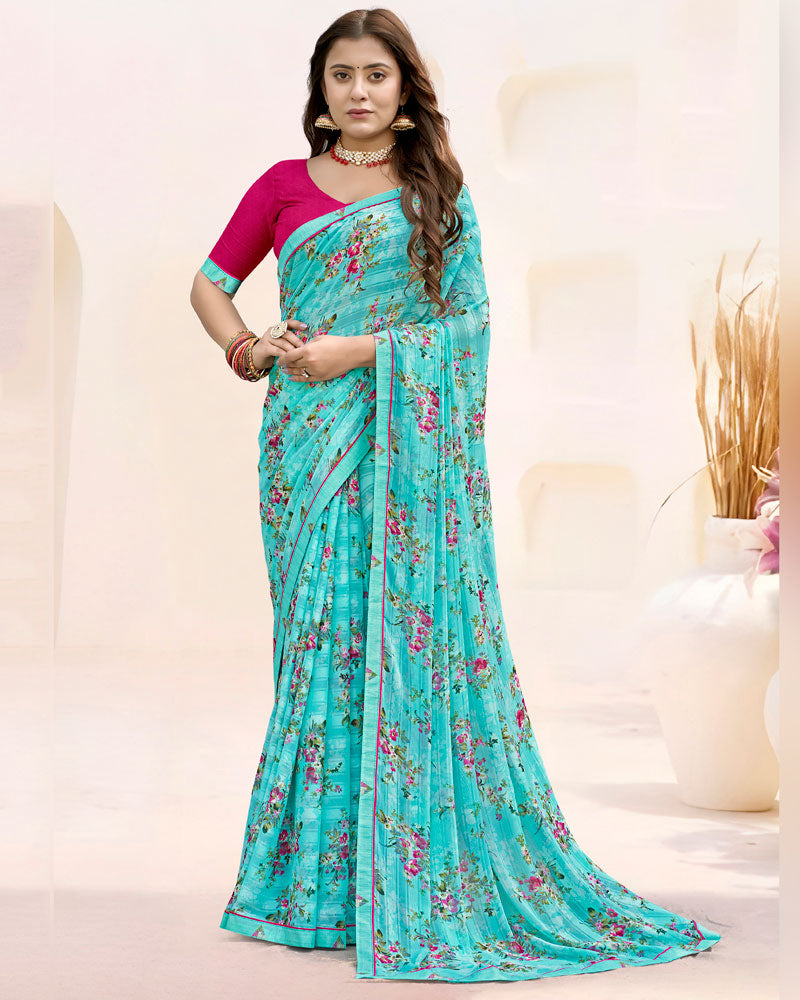 Vishal Prints Aqua Blue Printed Patterned Chiffon Saree With Fancy Border