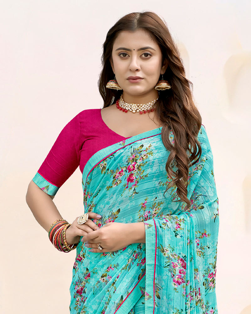 Vishal Prints Aqua Blue Printed Patterned Chiffon Saree With Fancy Border
