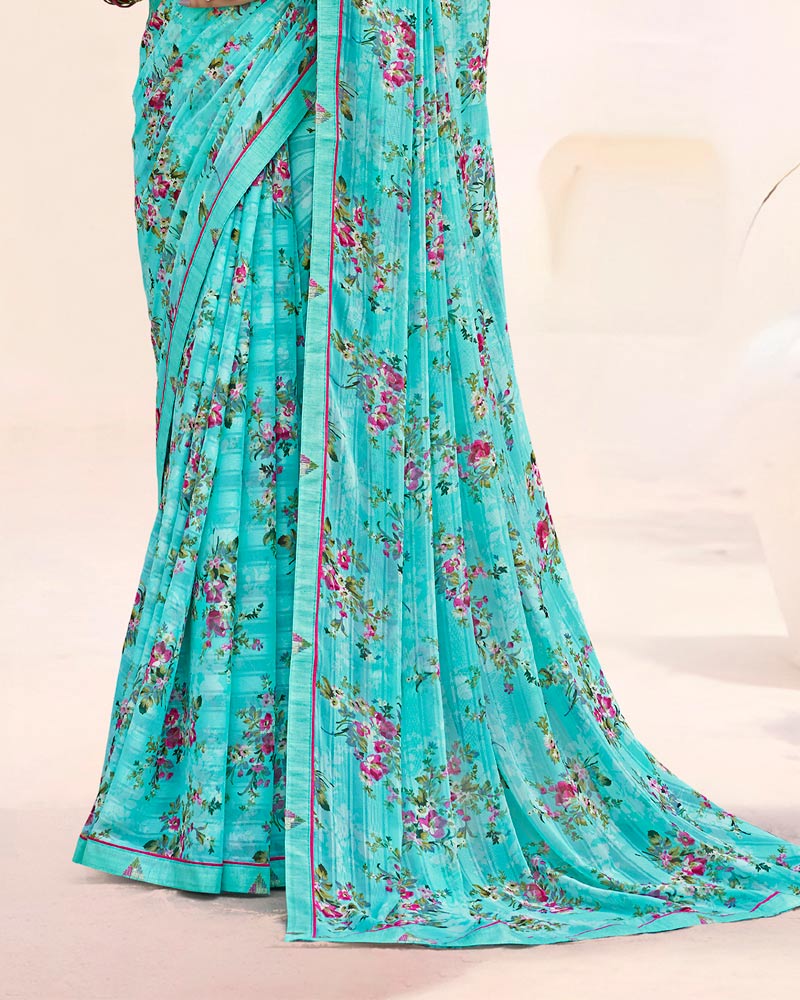 Vishal Prints Aqua Blue Printed Patterned Chiffon Saree With Fancy Border