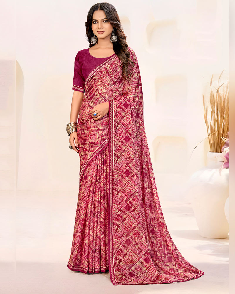 Vishal Prints Dusty Carmine Pink Printed Patterned Chiffon Saree With Fancy Border