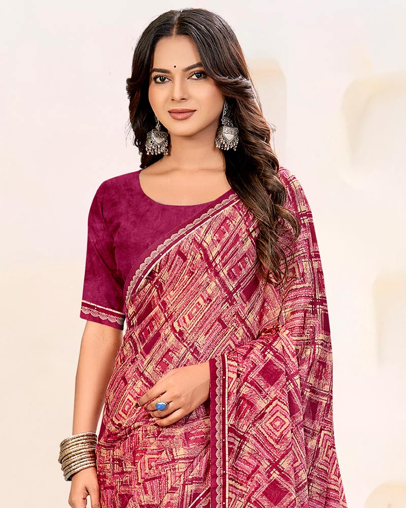 Vishal Prints Dusty Carmine Pink Printed Patterned Chiffon Saree With Fancy Border