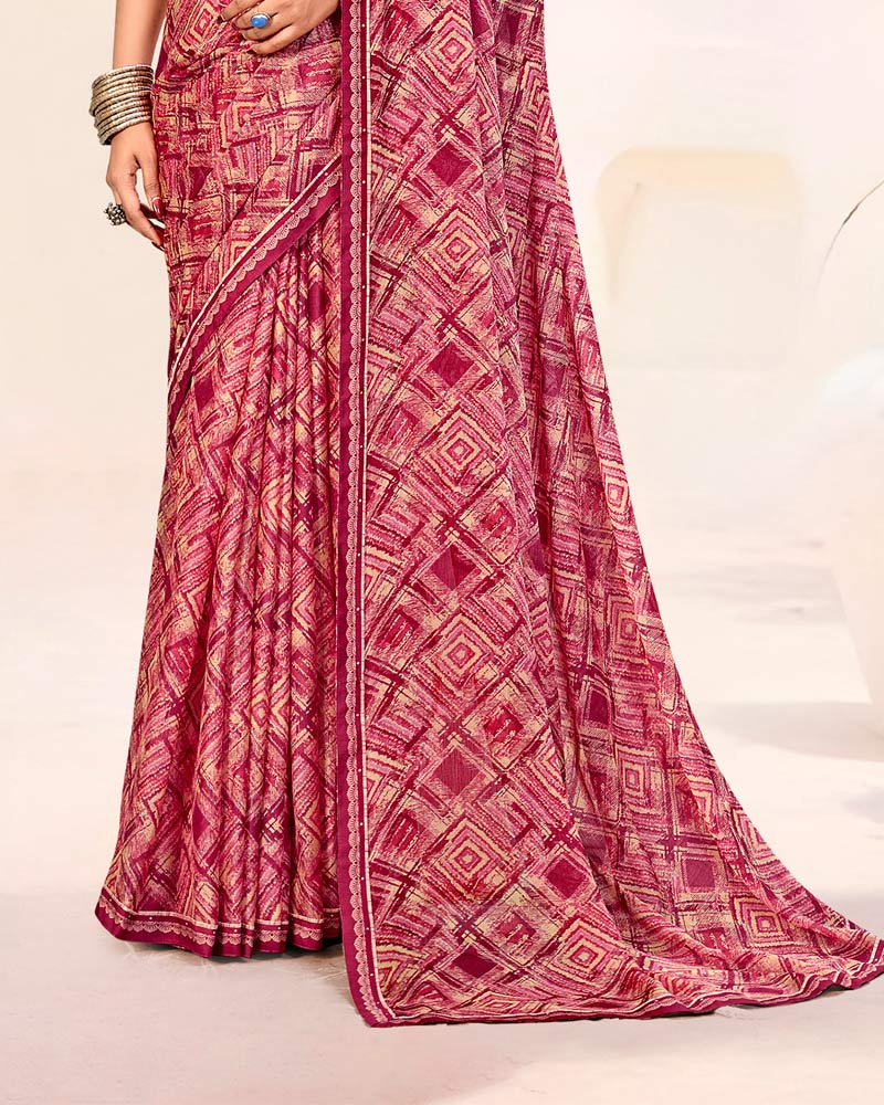 Vishal Prints Dusty Carmine Pink Printed Patterned Chiffon Saree With Fancy Border