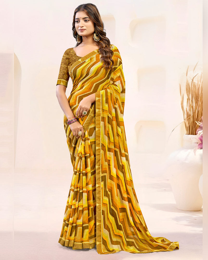 Vishal Prints Rusty Brown Printed Patterned Chiffon Saree With Fancy Border