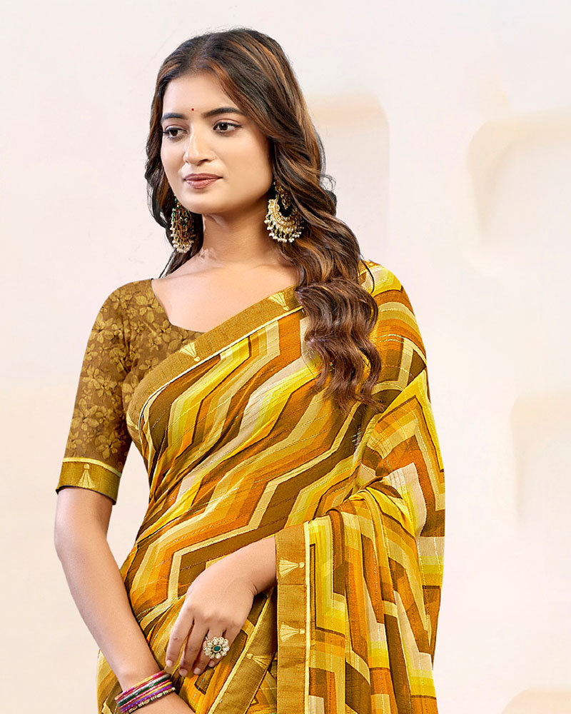 Vishal Prints Rusty Brown Printed Patterned Chiffon Saree With Fancy Border