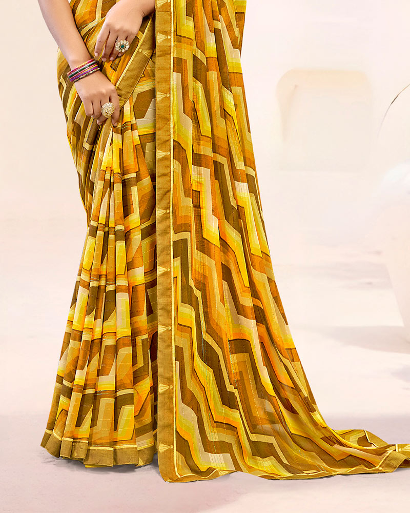 Vishal Prints Rusty Brown Printed Patterned Chiffon Saree With Fancy Border