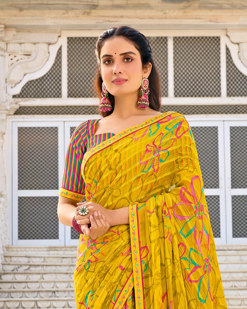 Vishal Prints Burnt Yellow Printed Chiffon Saree With Fancy Border