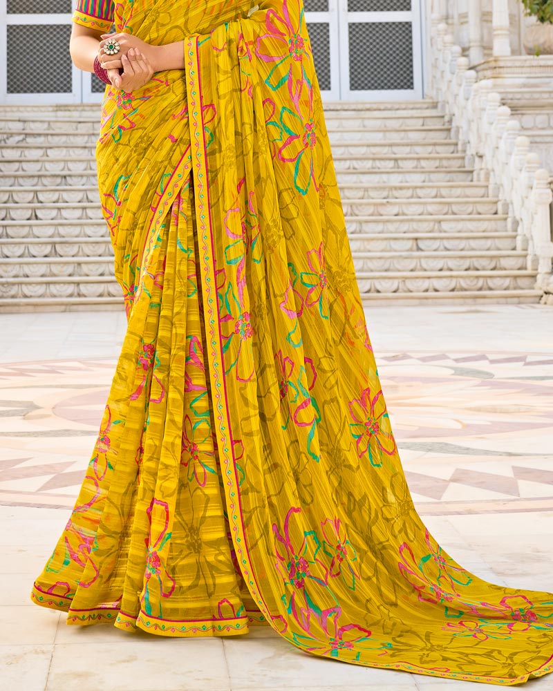 Vishal Prints Burnt Yellow Printed Chiffon Saree With Fancy Border