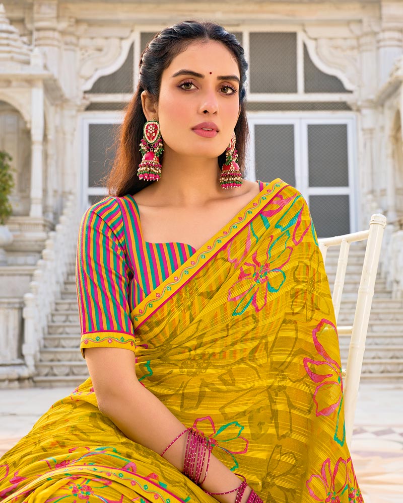 Vishal Prints Burnt Yellow Printed Chiffon Saree With Fancy Border