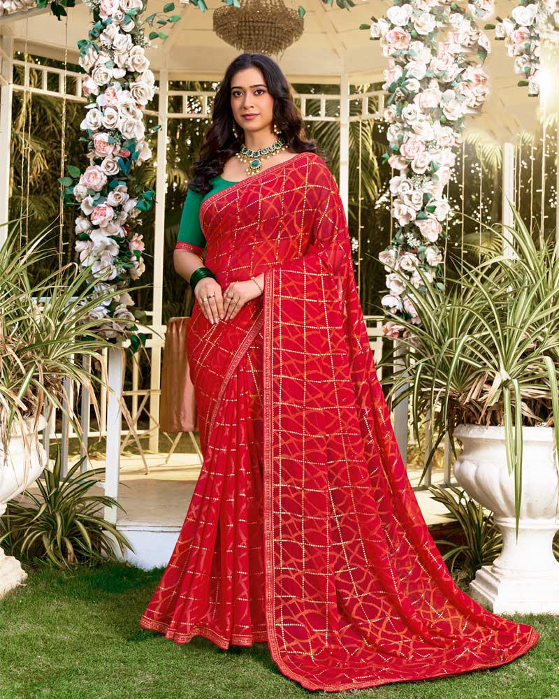 Vishal Prints Cadmium Red Printed Brasso Saree With Foil Print And Fancy Border