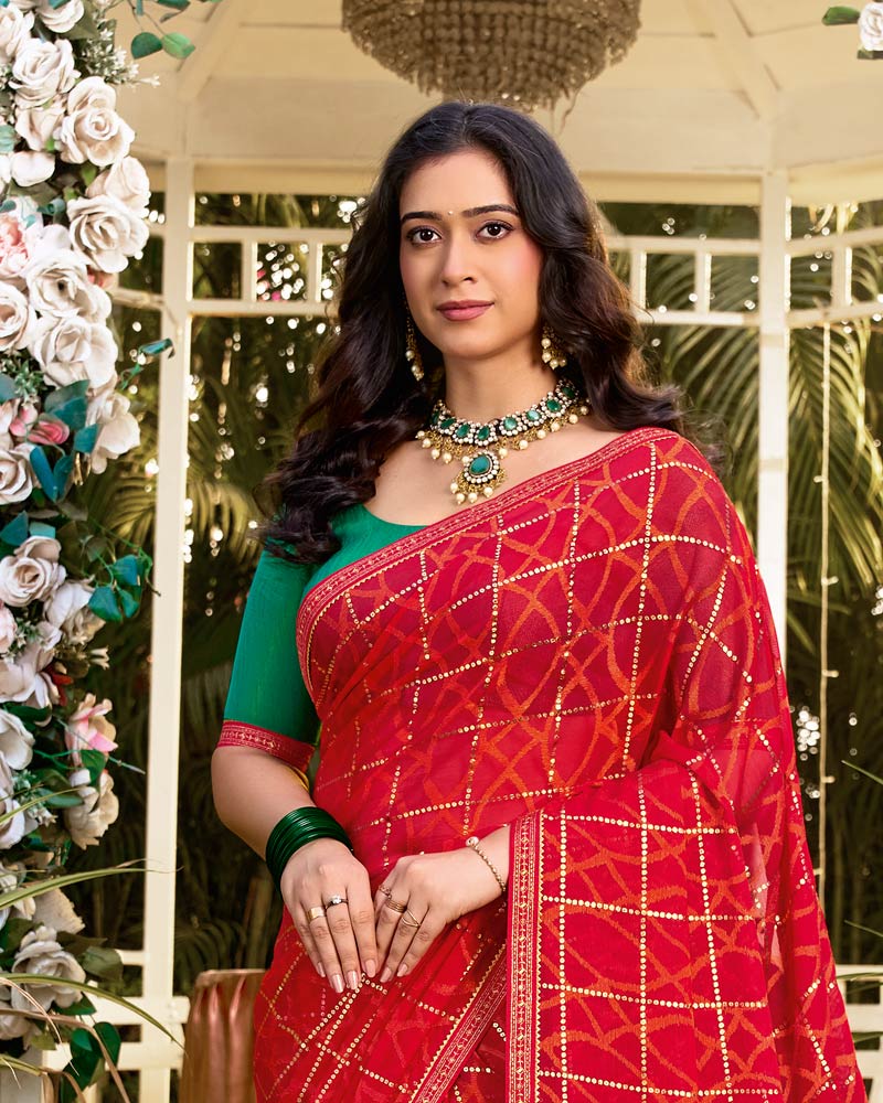 Vishal Prints Cadmium Red Printed Brasso Saree With Foil Print And Fancy Border