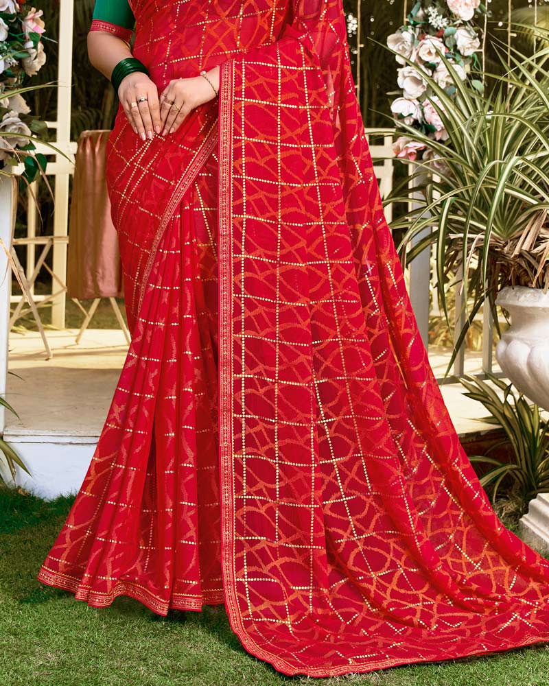 Vishal Prints Cadmium Red Printed Brasso Saree With Foil Print And Fancy Border