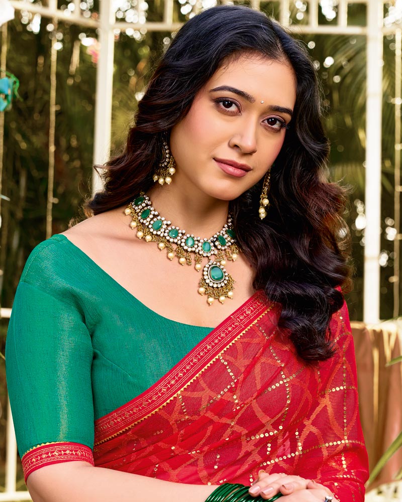 Vishal Prints Cadmium Red Printed Brasso Saree With Foil Print And Fancy Border