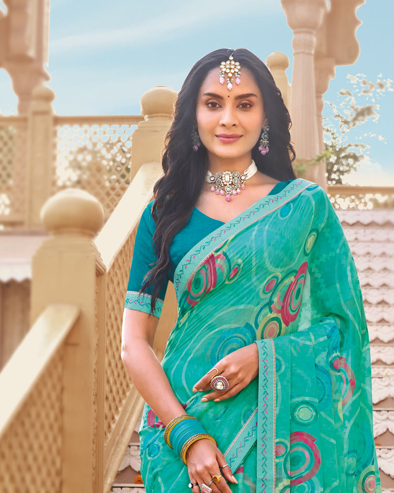 Vishal Prints Turquoise Green Printed Chiffon Saree With Fancy Border