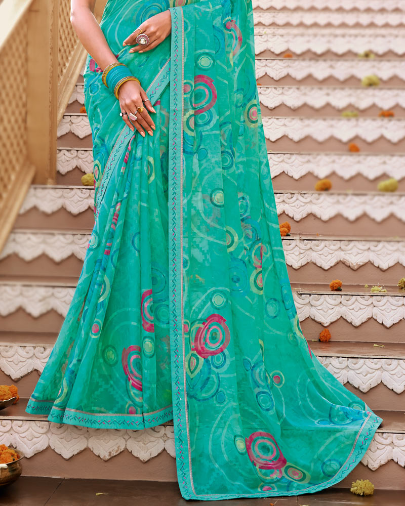 Vishal Prints Turquoise Green Printed Chiffon Saree With Fancy Border
