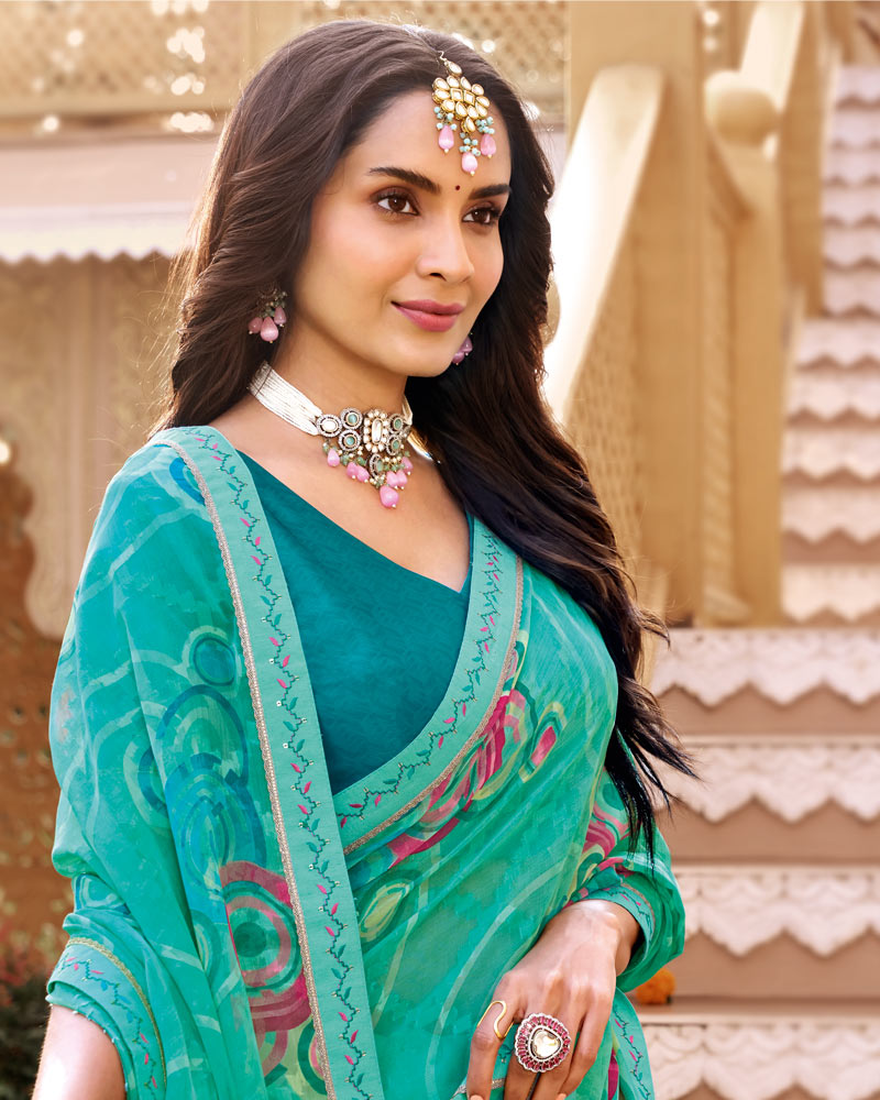 Vishal Prints Turquoise Green Printed Chiffon Saree With Fancy Border