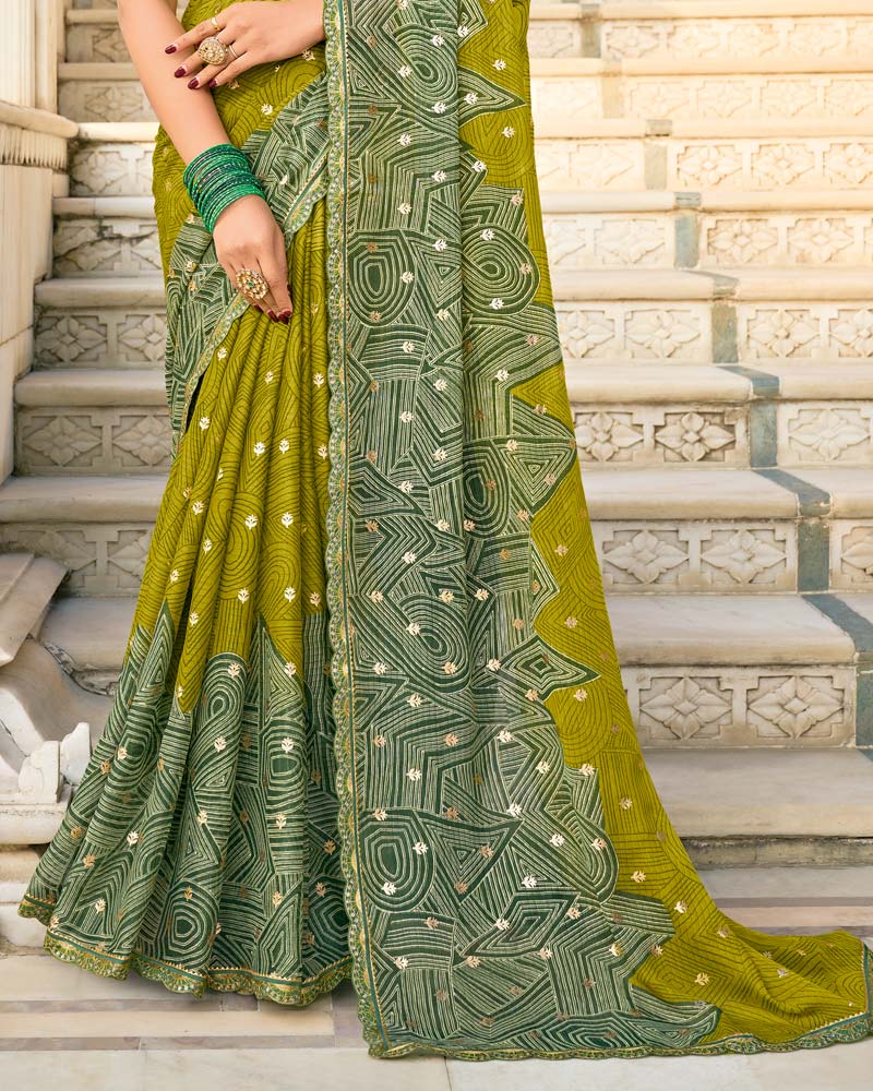 Vishal Prints Dark Olive Yellow Printed Chiffon Saree With Foil Print And Fancy Border