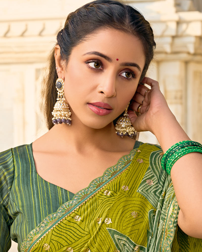 Vishal Prints Dark Olive Yellow Printed Chiffon Saree With Foil Print And Fancy Border
