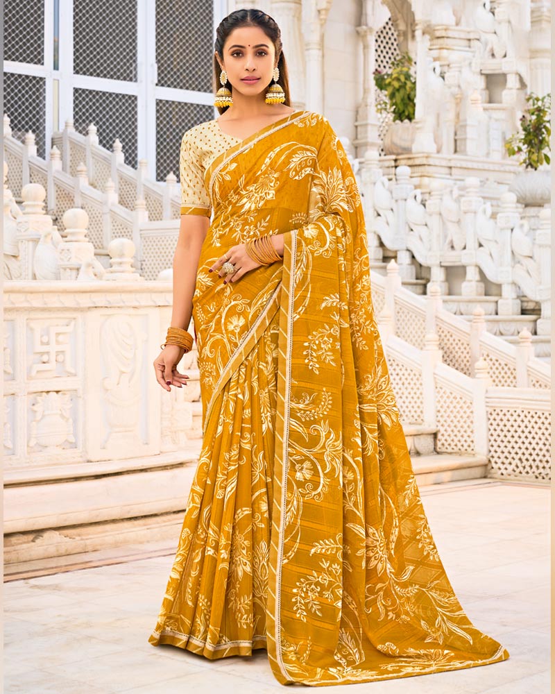 Vishal Prints Dark Yellow Mustard Printed Chiffon Saree With Fancy Border