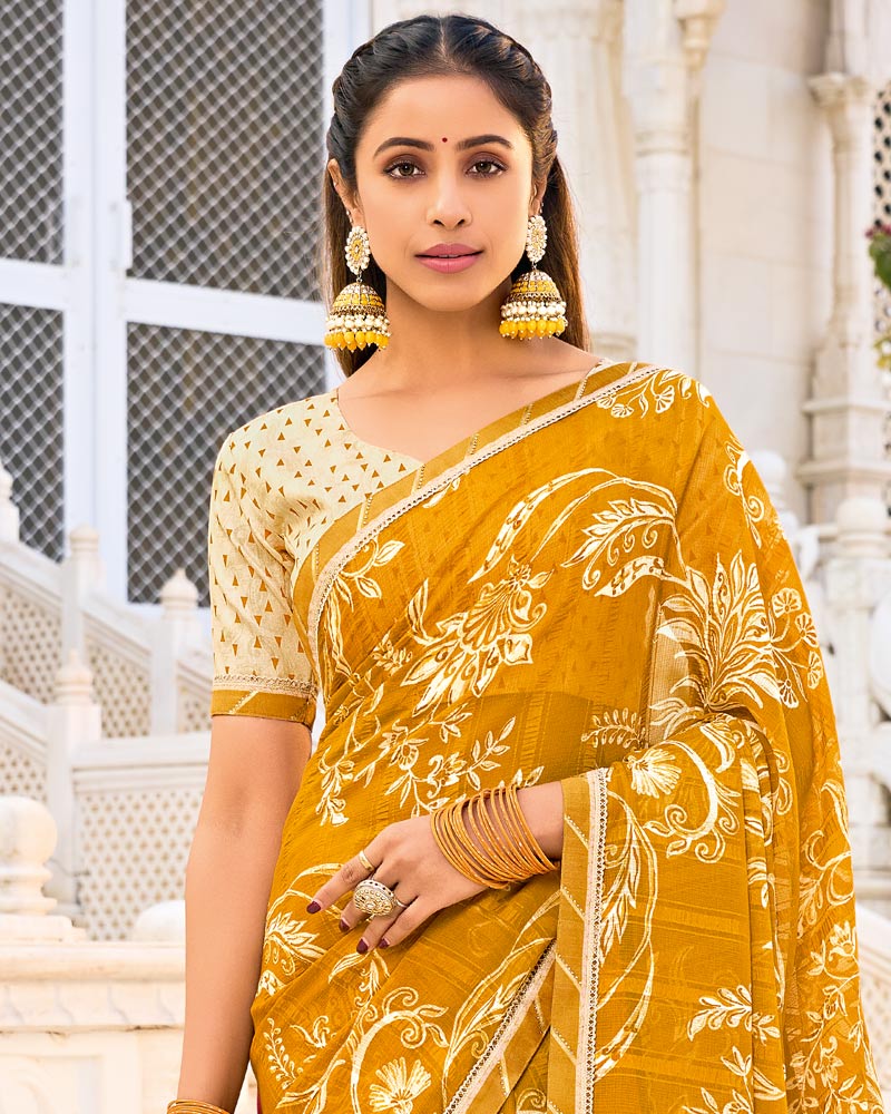Vishal Prints Dark Yellow Mustard Printed Chiffon Saree With Fancy Border