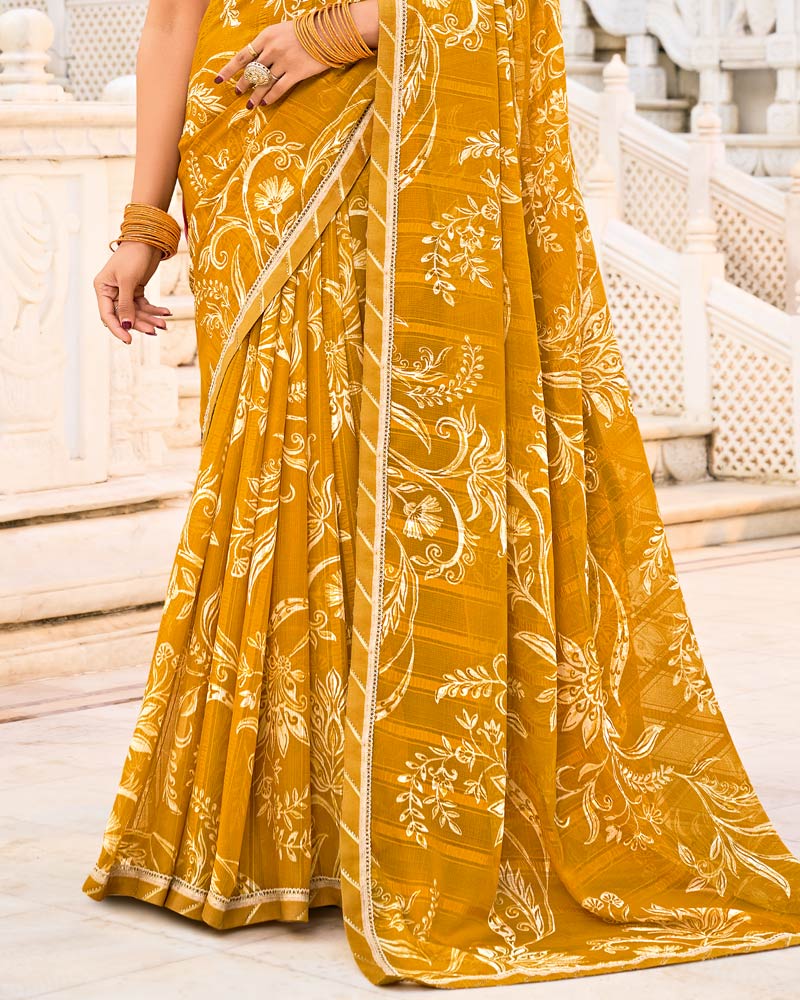 Vishal Prints Dark Yellow Mustard Printed Chiffon Saree With Fancy Border