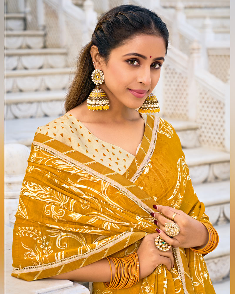 Vishal Prints Dark Yellow Mustard Printed Chiffon Saree With Fancy Border