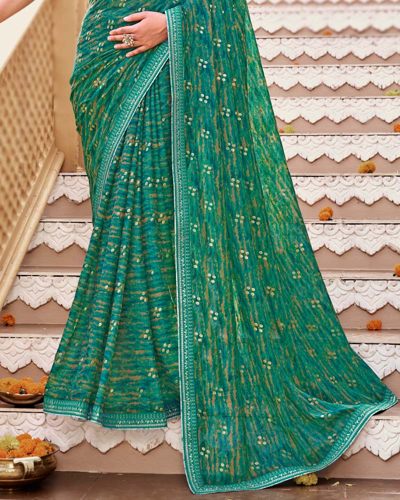 Vishal Prints Dark Tropical Green Printed Chiffon Saree With Foil Print And Fancy Border