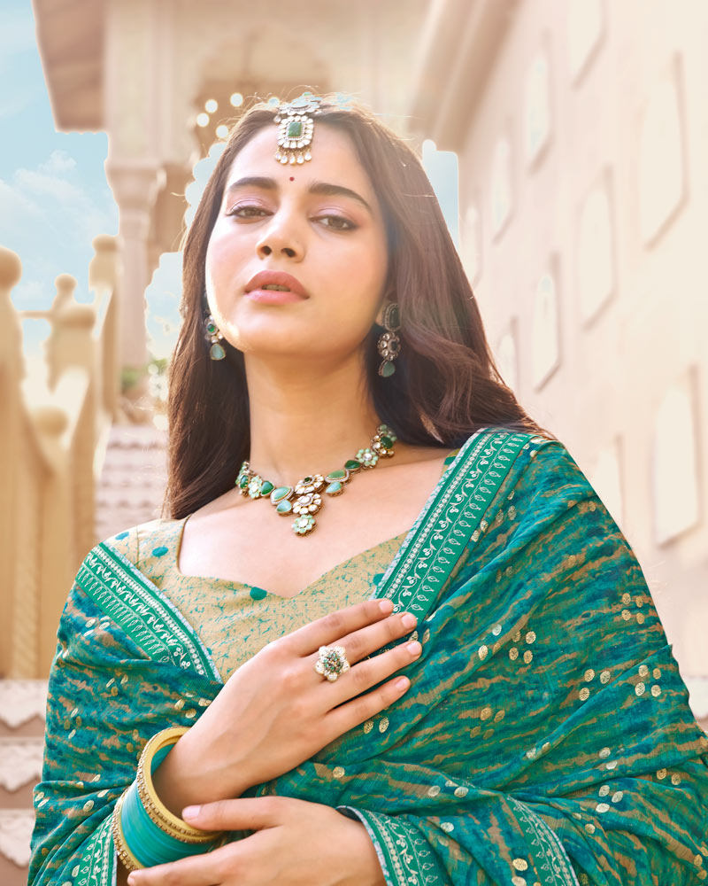 Vishal Prints Dark Tropical Green Printed Chiffon Saree With Foil Print And Fancy Border