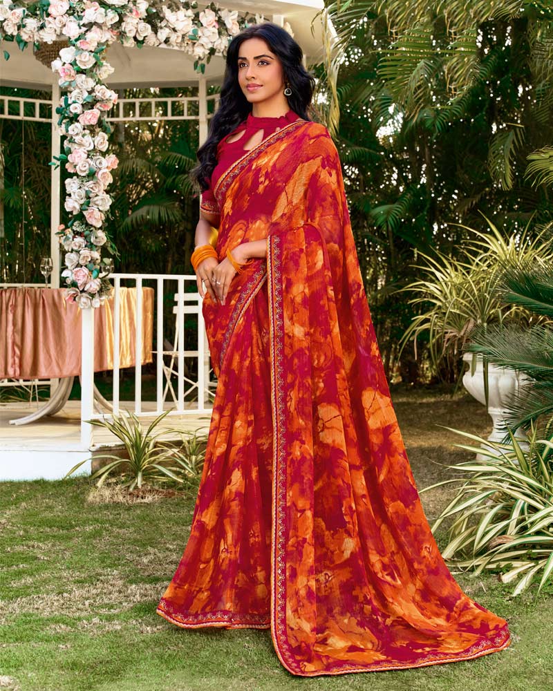 Vishal Prints Milano Red Printed Chiffon Saree With Fancy Border