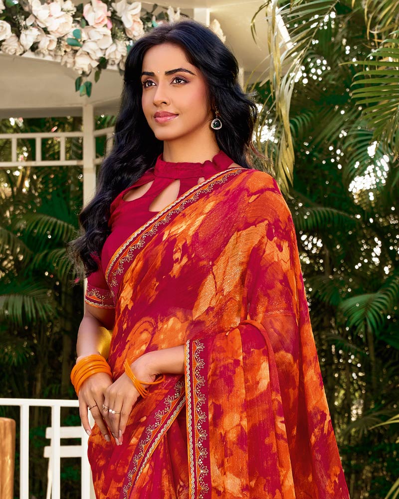 Vishal Prints Milano Red Printed Chiffon Saree With Fancy Border