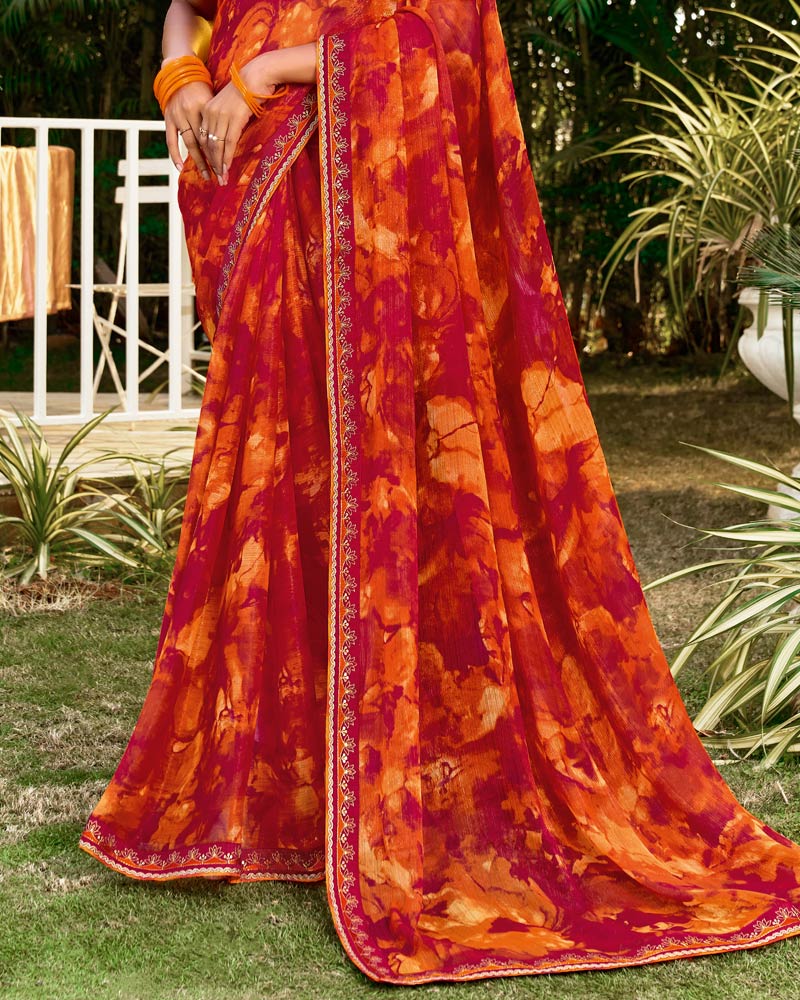 Vishal Prints Milano Red Printed Chiffon Saree With Fancy Border