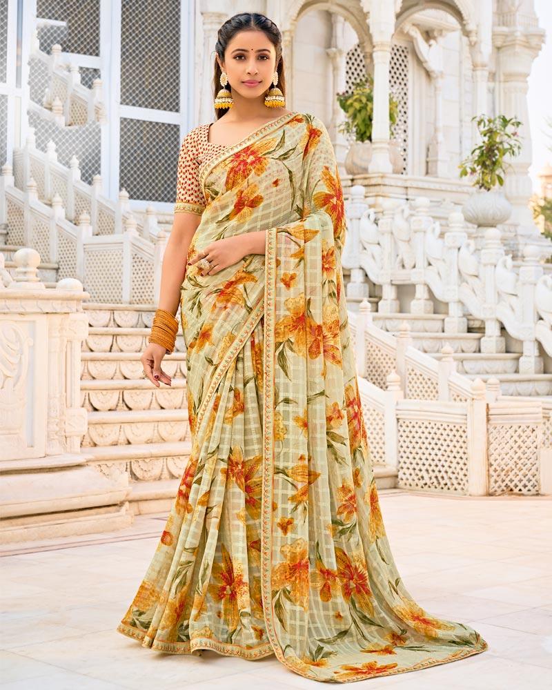 Vishal Prints Light Cream-Beige Printed Chiffon Saree With Fancy Border