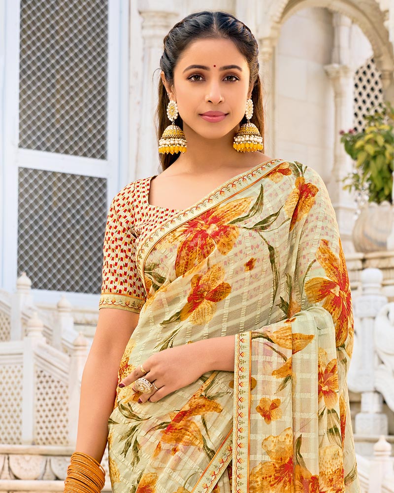 Vishal Prints Light Cream-Beige Printed Chiffon Saree With Fancy Border