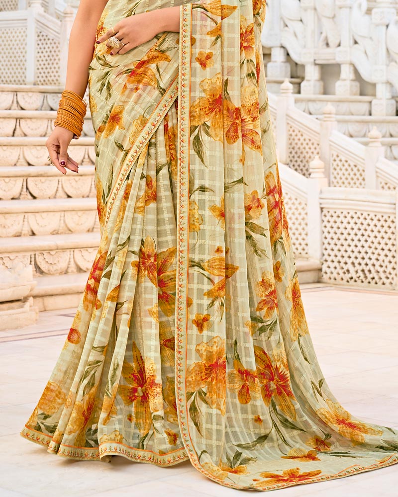 Vishal Prints Light Cream-Beige Printed Chiffon Saree With Fancy Border
