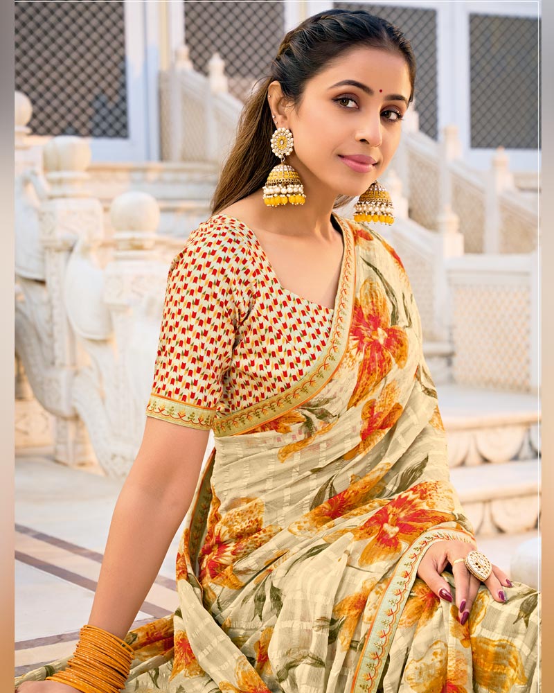 Vishal Prints Light Cream-Beige Printed Chiffon Saree With Fancy Border