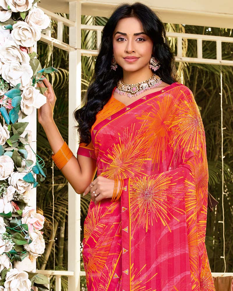 Vishal Prints Red Pink Printed Chiffon Saree With Foil Print And Fancy Border